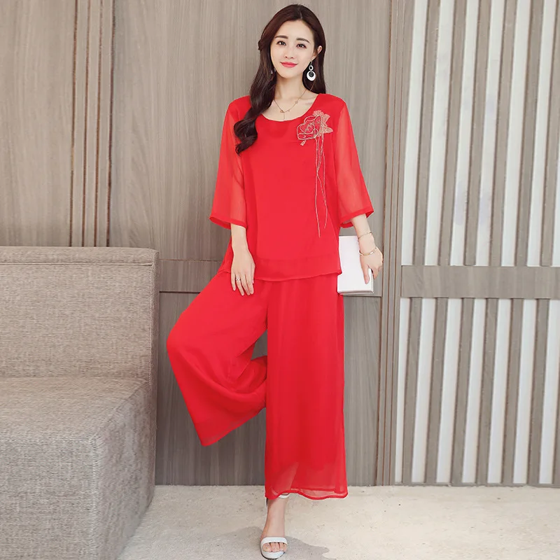 

2019 Summer New Style Ethnic-Style Embroidered Loose Tops + Loose-Fit Capri Loose Pants Fashion Leisure Suit