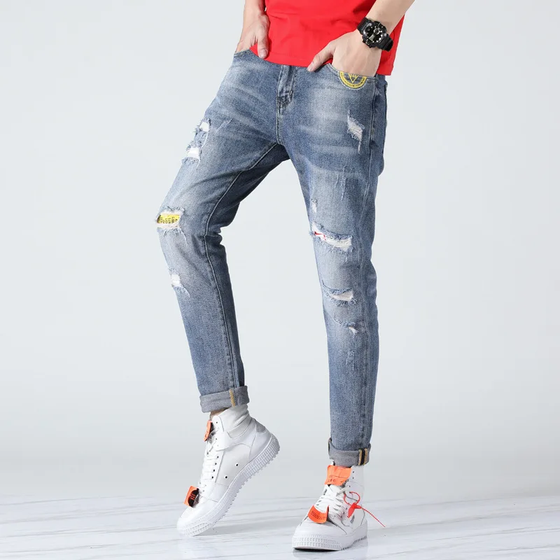 

2019 Spring with Holes Jeans Men's Slim Fit Pants Korean-style Printed Beggar Fashion Elasticity Long Pants