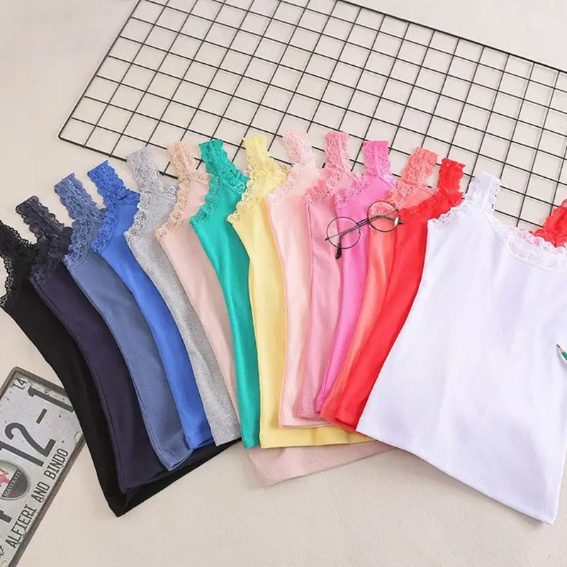 Women Summer Sleeveless Tank Top Bright Solid Candy Color Basic Camisole Floral Lace Trim Ribbed Knit Casual Underwear Slim Vest Women Summer Sleeveless Tank Top Bright Solid Candy Color Basic Camisole Floral Lace Trim Ribbed Knit Casual Underwear Slim Vest