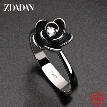 ZDADAN 925 Sterling Silver Charm Black Rose Flower Zircon Ring For Women Fashion Party Jewelry Gift Wholesale 1