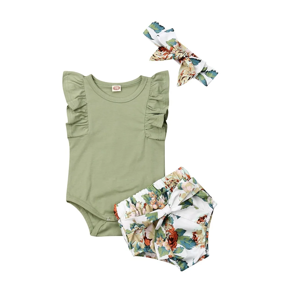 

2019 Toddler Newborn Infant Baby Girls Clothes Set Ruffle Sleeveless Bodysuit Green Floral Shorts Headband Clothing Outfit 3PCs