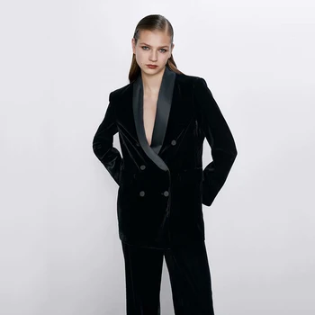

2019 ZA Autumn New Europe America Hot Sale Velvet Suit Jacket Women Fashion Long-sleeved Lapel Solid Color Elegant Women Blazer