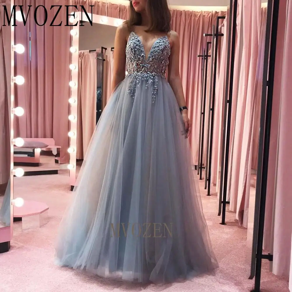 

Light Blue Long Evening Dresses Long With Beaded Embroidery Evening Dress Spaghetti Strap Floor Length Formal Gowns Vestidos