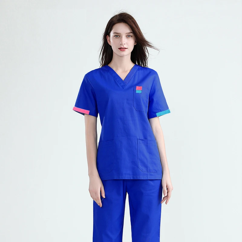 sapphire blue SET Размер S-4XL чистые хлопковые Медицинские костюмы v-образный вырез короткий рукав медицинская униформа женский свободный скраб набор(топ+ брюки) сплошной цвет - Цвет: sapphire blue SET