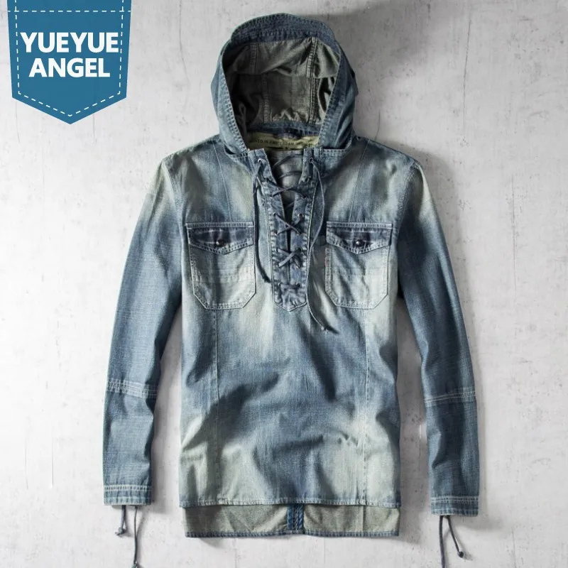 Mens Denim Shirt Detachable Hooded Pullover Tops Autumn Fashion Loose