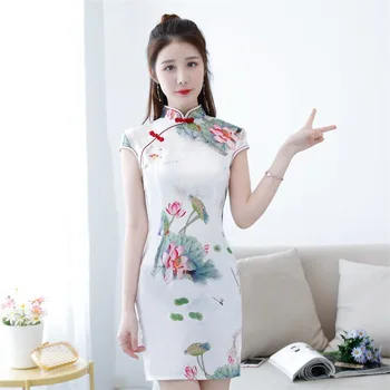 

Sheng Coco white Mini chipao Oriental Costumes Short Cheongsam Lotus Flower Printing Qipao Chinese Traditional Clothing