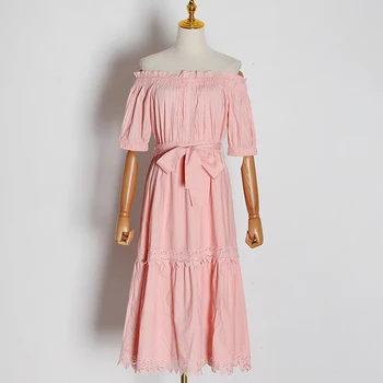 

HIGH QUALITY New Fashion 2020 Designer Runway Dress Women's Slash Neck Lace Fringed Belted Dress