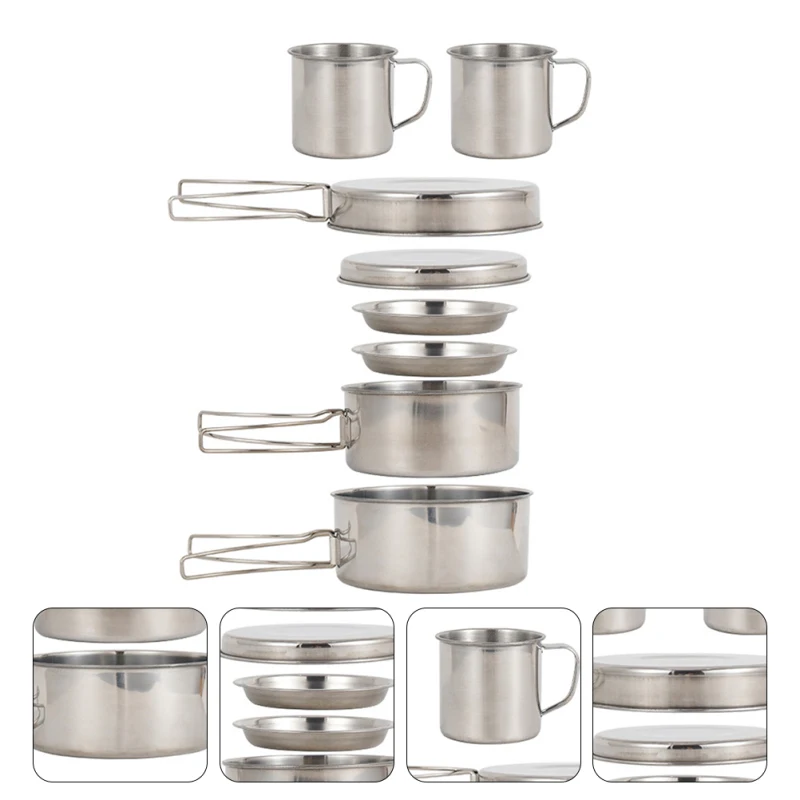 

Outdoor Stainless Steel 8Pcs Camping Picnic Cooking Cook Pan Set Folding Mountain Hiking Non-stick Pot Combination5-6 People