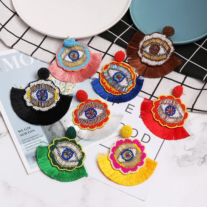 Cz Turkish Eye Fatima Color Beads Tassel Dangle Earrings for Women BohoTrend red yellow Exaggerate Ear Studs Jewelry | Украшения и