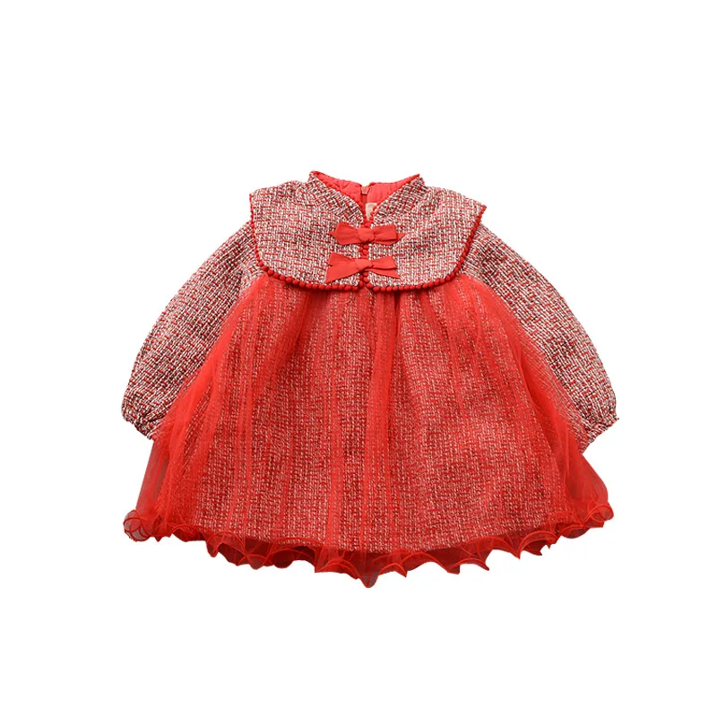 Год праздничное красное рождественское платье для маленьких девочек; кружевное платье с длинным sleeveGirls пышные вечерние платья праздничные Повседневная одежда для детей