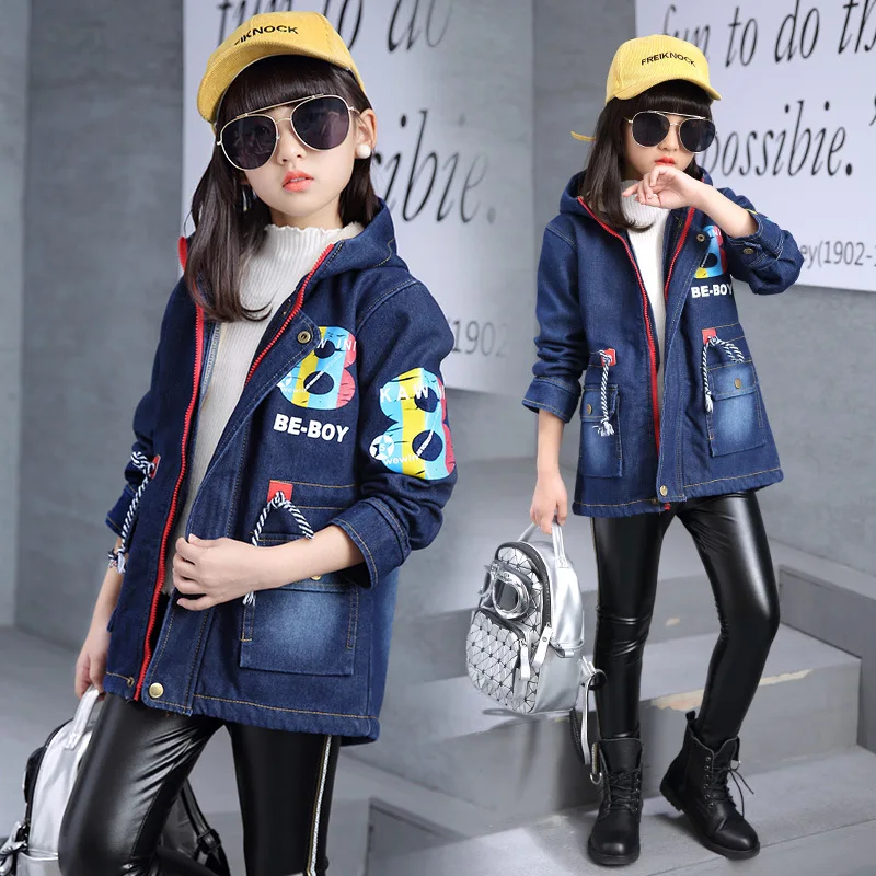 

Winter Korean-style Childrenswear Girls 2019 New Style Mid-length Girls Printed 8-Word plus Velvet Denim Windbreaker Coat