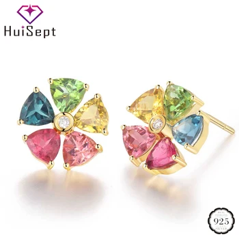 

HuiSept Fashion Silver Earrings 925 Jewelry Flower Shape Colorful Topaz Gemstone Stud Earrings Ornament for Women Wedding Party