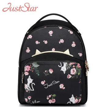 

JUST STAR Women PU Leather Backpack Female Cartoon Printing Cat Daily Travel Shoulder Bags Girl's Student Backpack High Quality