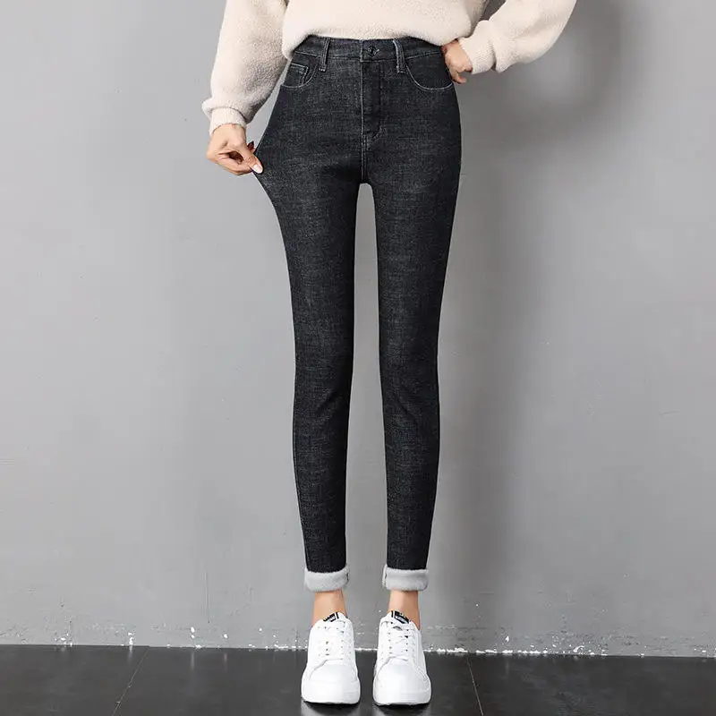 black gray velvet Осенне-зимние женские джинсы плюс вельветовые толстые теплые джинсы узкие брюки для женщин деним джинсы с высокой талией обтягивающие джинсовые брюки C5939 - Цвет: black gray velvet