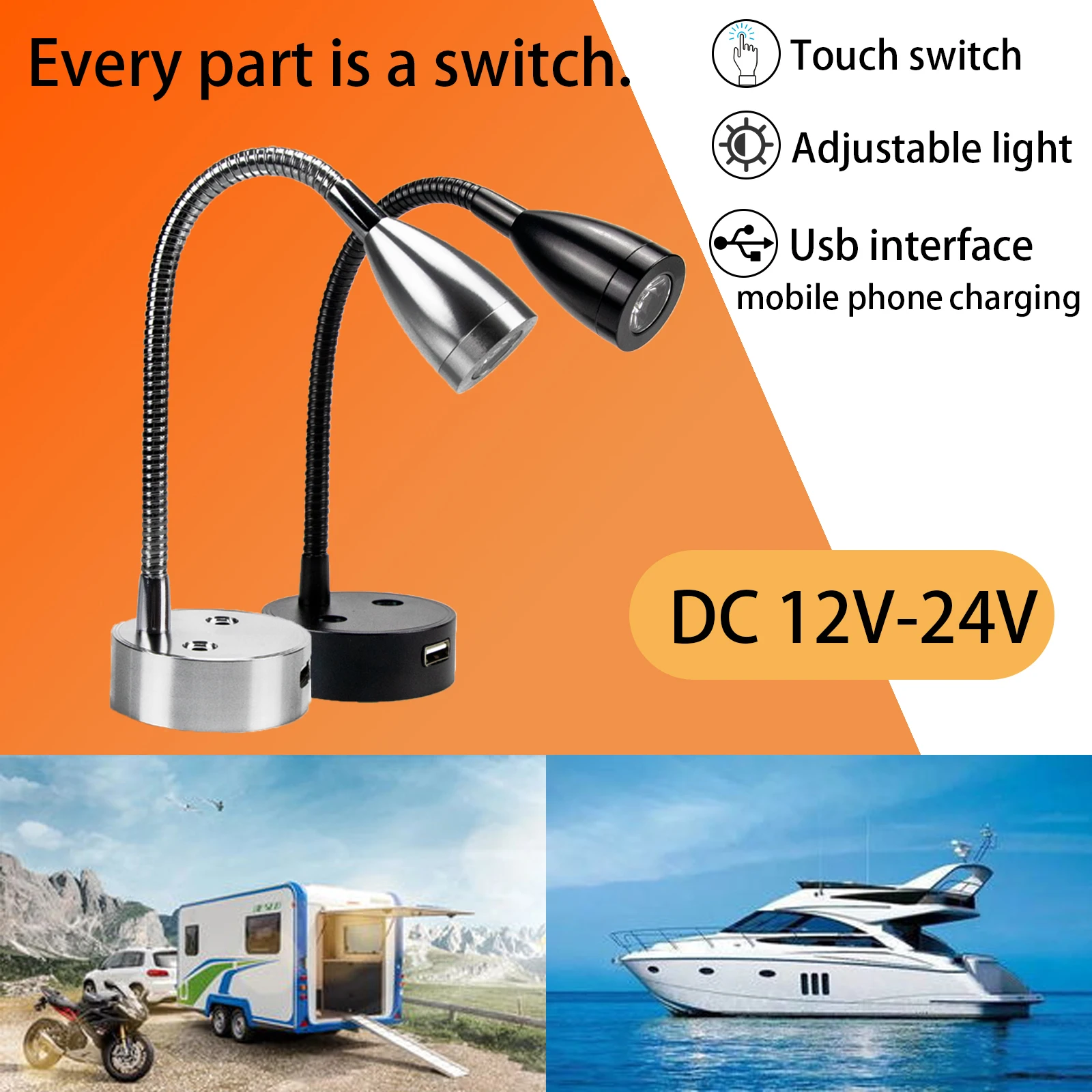 

DC12V 24V RV Boat LED Reading Light Dimmable Flexible Gooseneck Wall Lamp for Truck Motorhome Yachts Cabin with USB Charger Port