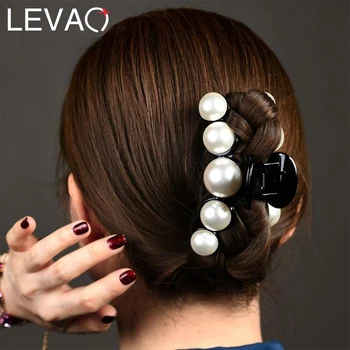 

Levao Casual Black Pearls Hairpins Hair Clip Simple Shiny Big Pearls Acrylic Crab Hair Claws For Women Girl Accessories Headwear