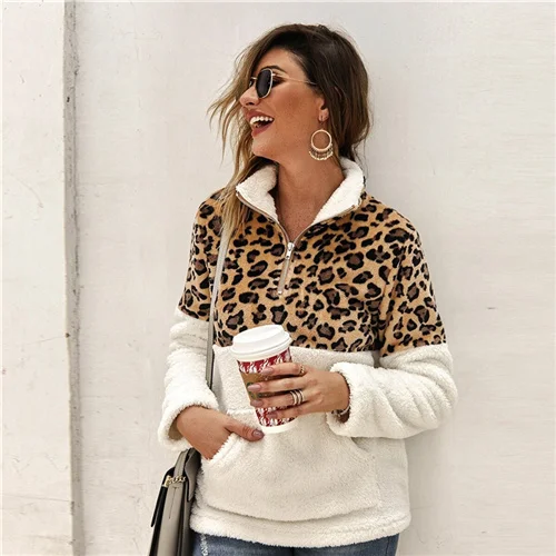Dotfashion, Повседневная Женская толстовка с леопардовым принтом на молнии спереди,, зимние Лоскутные толстовки, Женская толстовка с плюшевой подкладкой - Цвет: Многоцветный
