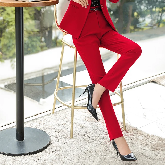 Elegant Red Formal OL Styles Pencil Pants for Women Business Work