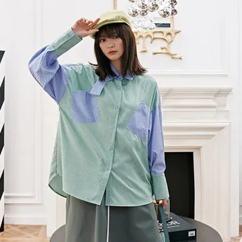 

Korea can ship Design new women's clothes hit color Stripe patchwork Shirt 2020 spring fashion tide Loose Shirt big size Y909