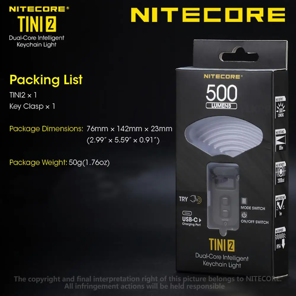 LED Flashlight NITECORE TINI2 500 Lumens OLED Smart Dual-Core Key Light APC Sleep Technology Long Standby Using USB Type-C Charging led flashlight led flashlights mini flashlight flashlight keychain