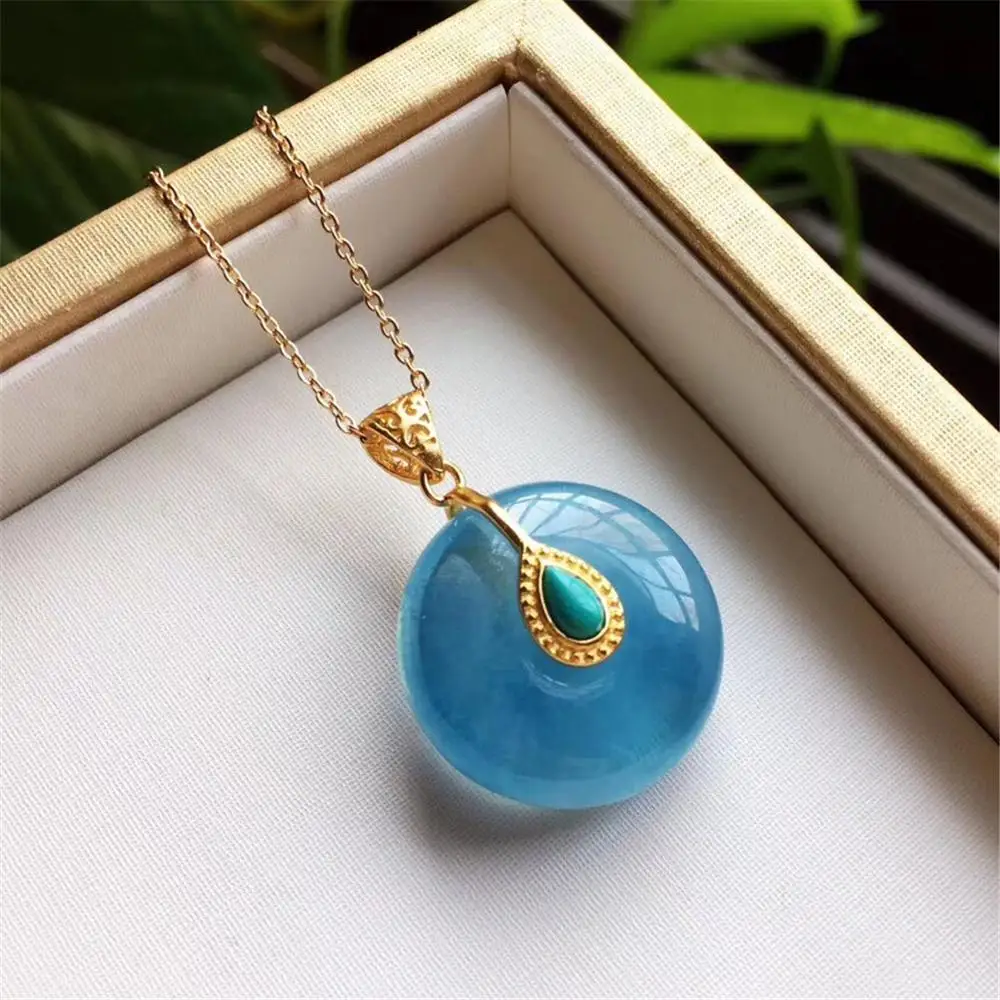 

Natural Blue Aquamarine Peace Buckle Pendant Necklace For Woman Man Crystal 21x9mm Turquoise Beads Gemstone Gold Chains AAAAA