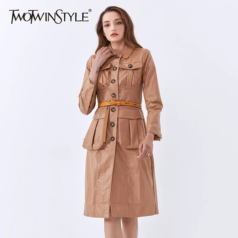

TWOTWINSTYLE Casual Leather Windbreaker For Women Lapel Long Sleeve High Waist Sashes PU Casual Coats Female 2020 Fall New Tide