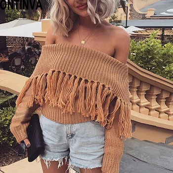 

Sweater Women Casual Slash Neck Off Shoulder Backless Fringe Long Sleeve Patchwork Streetwear Pullovers Tops 2020 Knit Sweaters