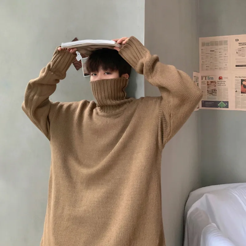 Winter Thick High Collar Sweater Men's Warm Fashion Solid Color Casual Knit Pullover Man Wild Loose Long Sleeve Sweater Male