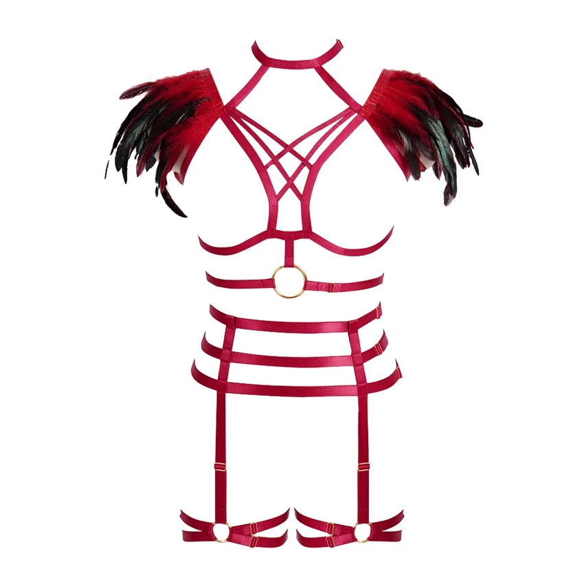 O0576MLCP0008WINERED Винно-красные перьевые эполеты Крылья Ангела Готический стимпанк фестиваль Свадьба Strappy настроить Полное Тело Сексуальное белье с ремешками набор - Цвет: O0576MLCP0008WINERED
