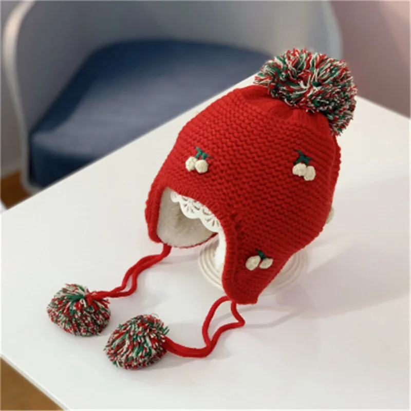 Зимняя плюшевая шапка с помпоном и ушками вишни, теплая детская плотная шапка Skullies Beanies, эластичная шапка, модные аксессуары для девочек-QNC - Цвет: 5