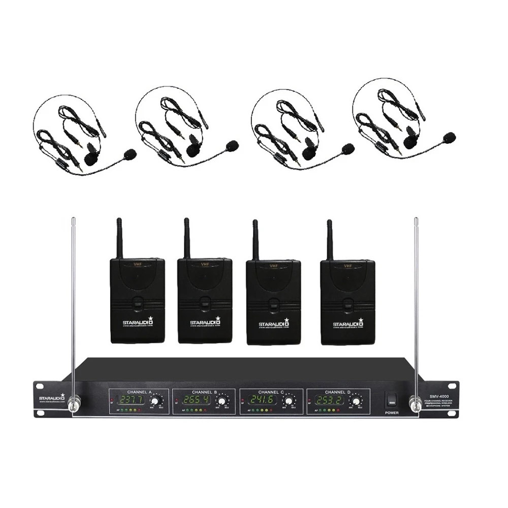 STARAUDIO Профессиональный 4 канала VHF петличный лацкане гарнитура беспроводной микрофон системы для сцены диско церкви вечерние SMV-4000B