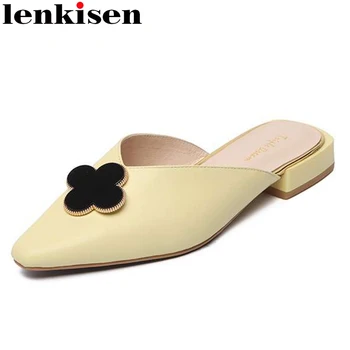 

Lenkisen metal decorations full grain leather small square toe low square heels mules slip on young lady daily wear pumps L28