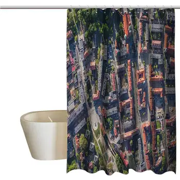 

City Extra Wide Shower Curtain Tropical Aerial View of Olesnica in Poland Industrial Landscape Buildings Roads Trees Durable