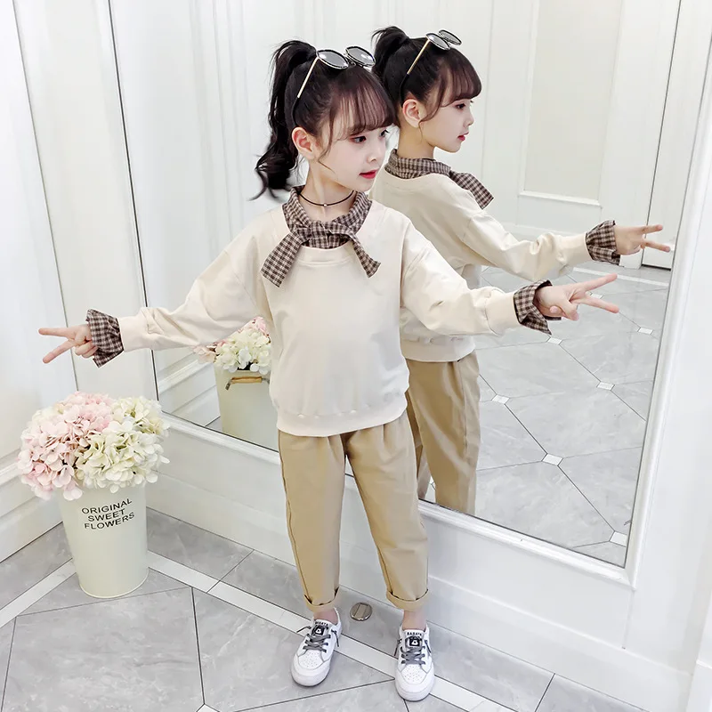 

2020 Autumn New Style Childrenswear GIRL'S Suit Middle And Large Children Bowtie Hoodie Casual Pants Two-Piece Set