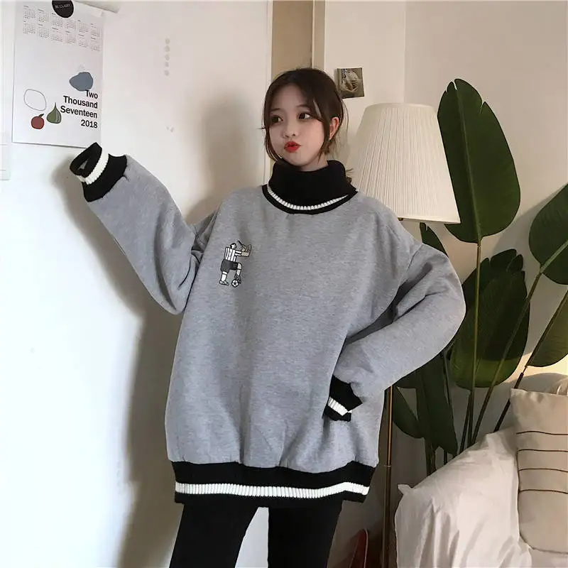 Корейский модный свободный бархатный пуловер для школьниц Harajuku Kawaii С мультяшным принтом, свитер с высоким воротом, женские зимние Новые Топы