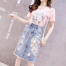 До колена синяя джинсовая юбка высокая Талия Женская джинсовая юбка с аппликацией цветок короткая юбка карандаш 3400LY