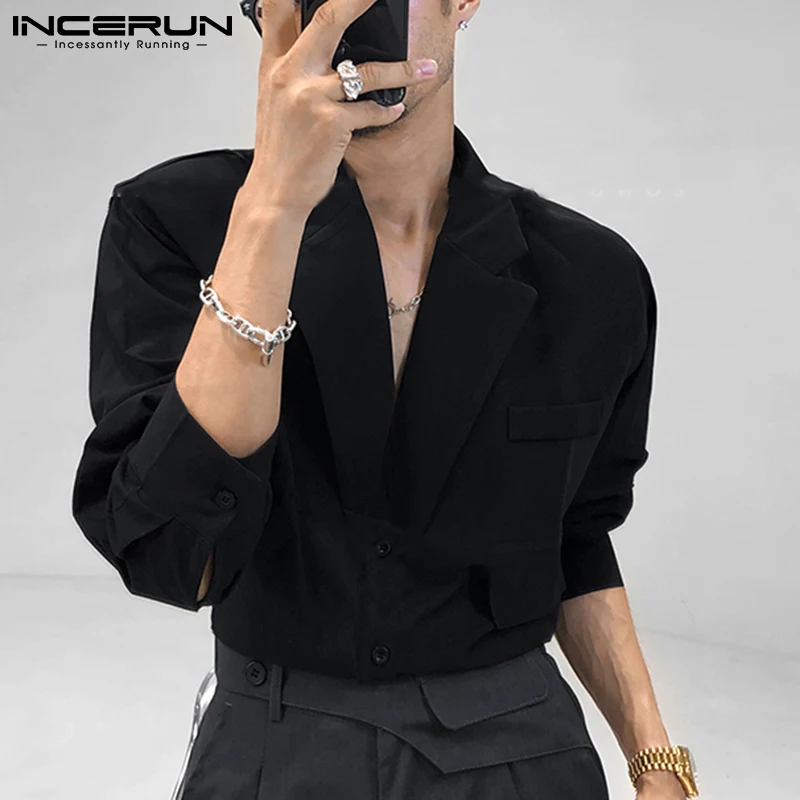 INCERUN Men Casual Shirt Solid Color Lapel Button Long Sleeve Fashion Tops Streetwear Loose Leisure Camisa Masculina S-5XL long sleeve shirt men casual shirt