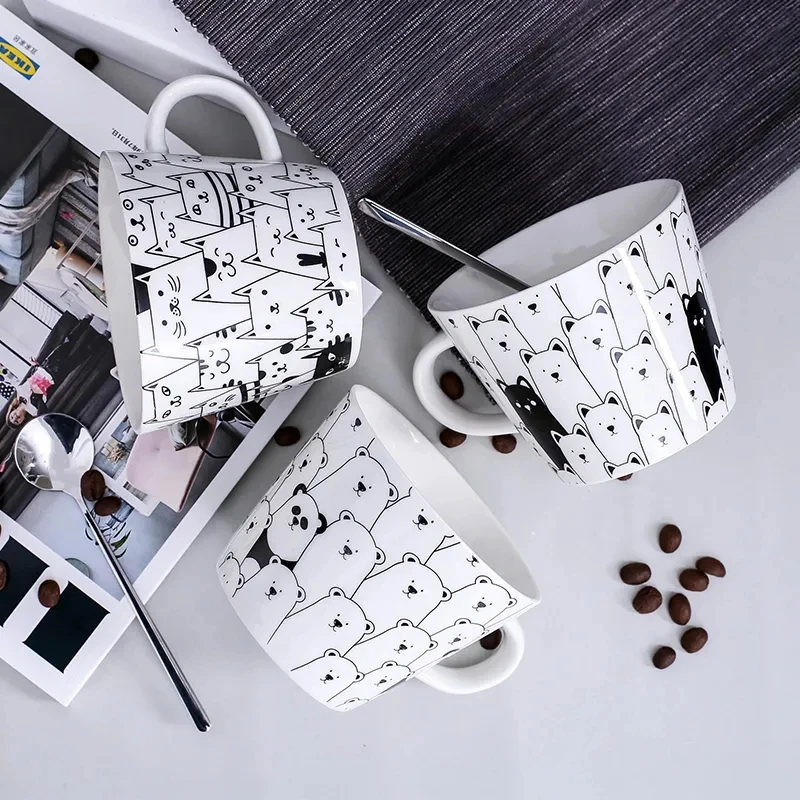 

Ручная роспись, кошка, собака и панда, печать с крышкой, милая простая керамическая кружка для завтрака, кружка для молока и кофе