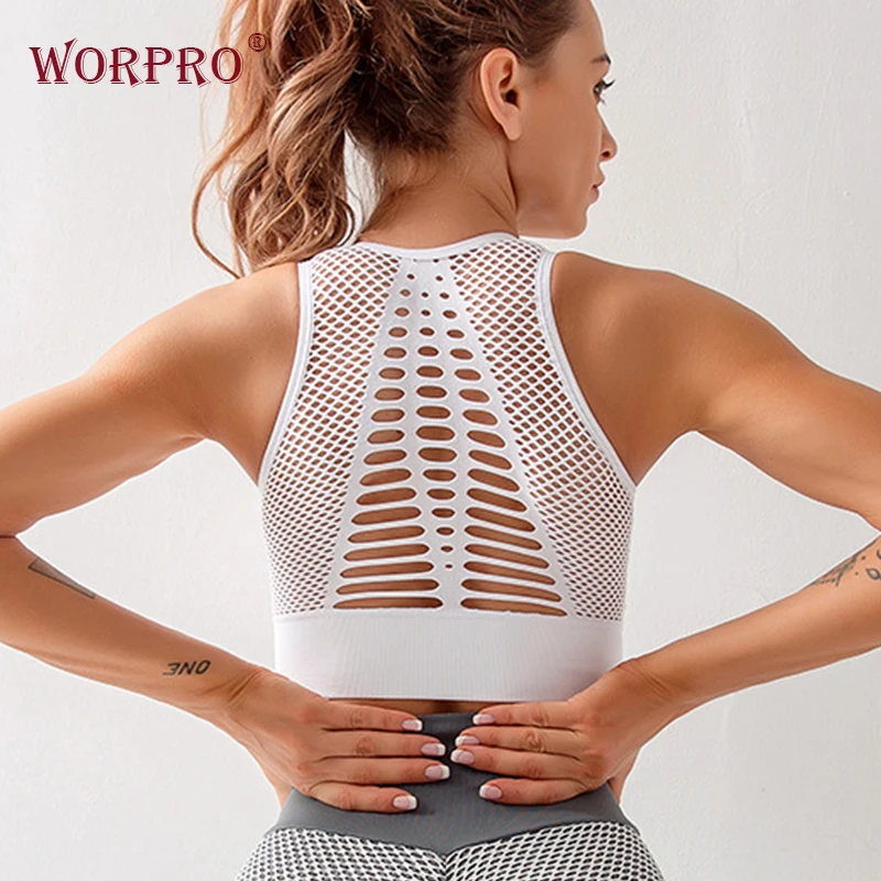 

mesh sports bra for fitness yoga running sexy white sports bra breathable push up yoga brassiere padded bra front