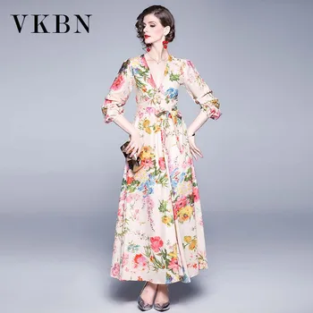 

VKBN Flower Printing Dress V Neck Long Sleeve Dresses Woman Party Night Empire Elegant Vestidos De Fiesta