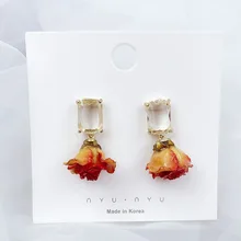  1Pair Gold Natural Dried Flower Earrings With Liquid Resin Covered Pink Rose Petal Women Earring Real Nature Dry Flower Jewelry 