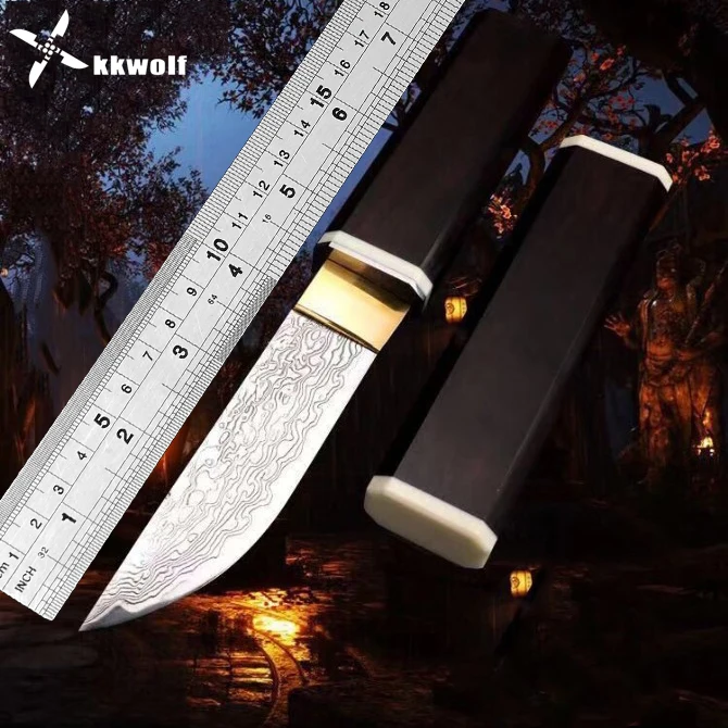 KKWOLF дамасский стальной нож с фиксированным лезвием японский профессиональный самурайский нож Портативный Открытый Отдых Охота Ebony Ручка EDC