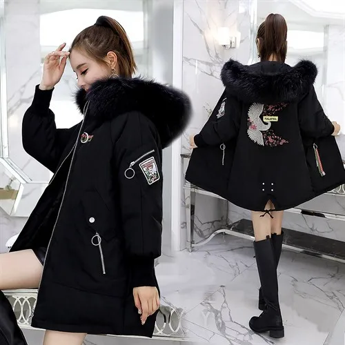 

Crane Embroidery down Jacket Women's Large Fur Collar 2018 New Style Winter Fashion Mid-length Korean-style Thick Duck down Coat