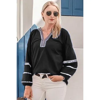 

Autumn Thin Woman Embroidered V Neck Long Sleeve Pullover Shirt Tshirt