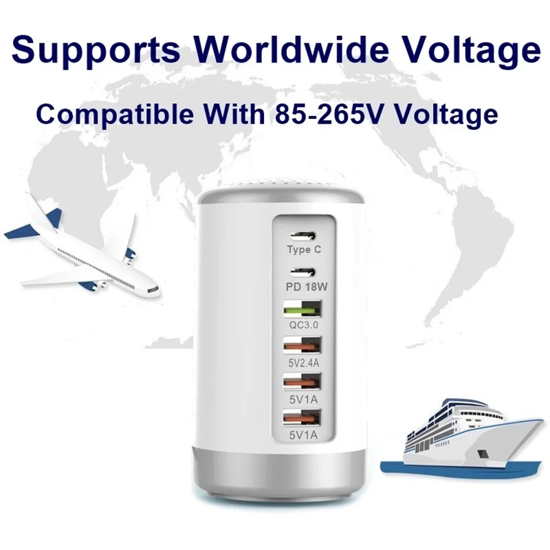 FLOVEME Multi Port USB Charger Hub QC3.0 65W USB Fast Charger Multi 6 Port Type C PD Charger Mobile Phone Charging Dock Station