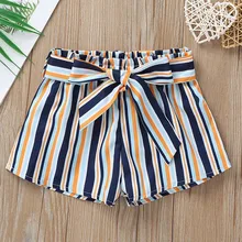 Летние повседневные модные шорты в полоску с бантом для маленьких девочек детские штаны с эластичной резинкой на талии