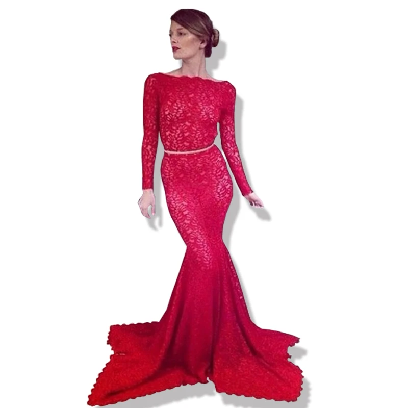 

Sexy Long Sleeve Evening Boat Neck Mermaid Gown Low Back Floor Length Lace 2018 robe de soiree mother of the bride dresses