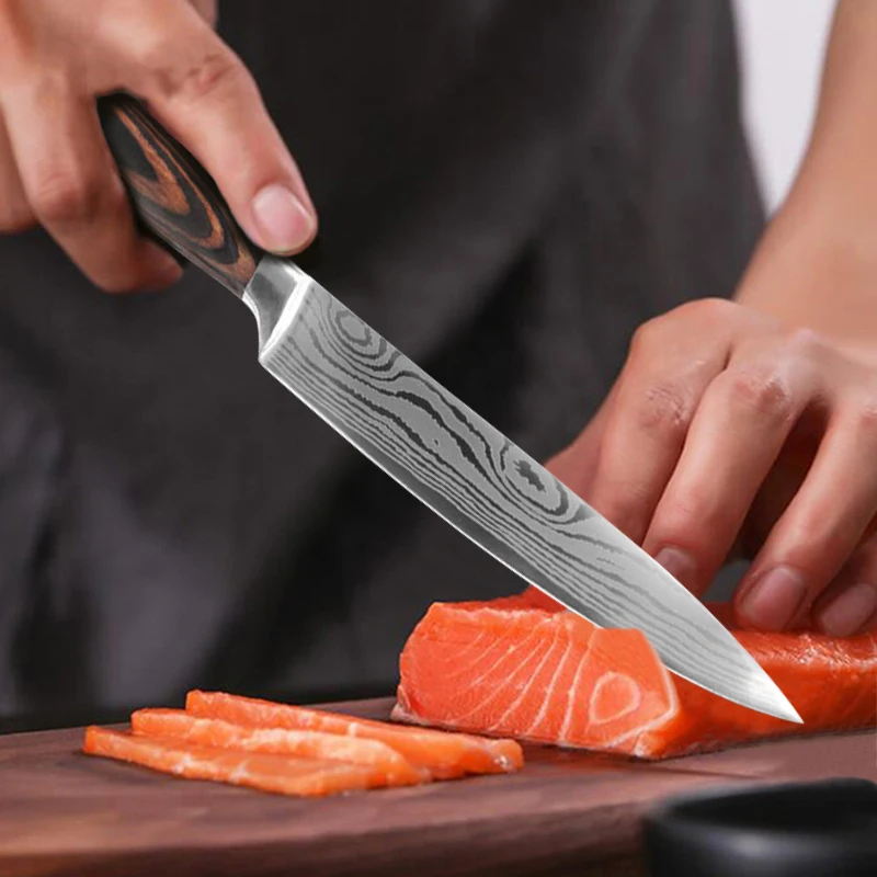 9Pcs Kitchen Knife Set 7CR17 Stainless Steel Laser Damascus Chef Slicing Bread Santoku Meat Cleaver Boning 1 9Pcs Kitchen Knife Set 7CR17 Stainless Steel Laser Damascus Chef Slicing Bread Santoku Meat Cleaver Boning 2