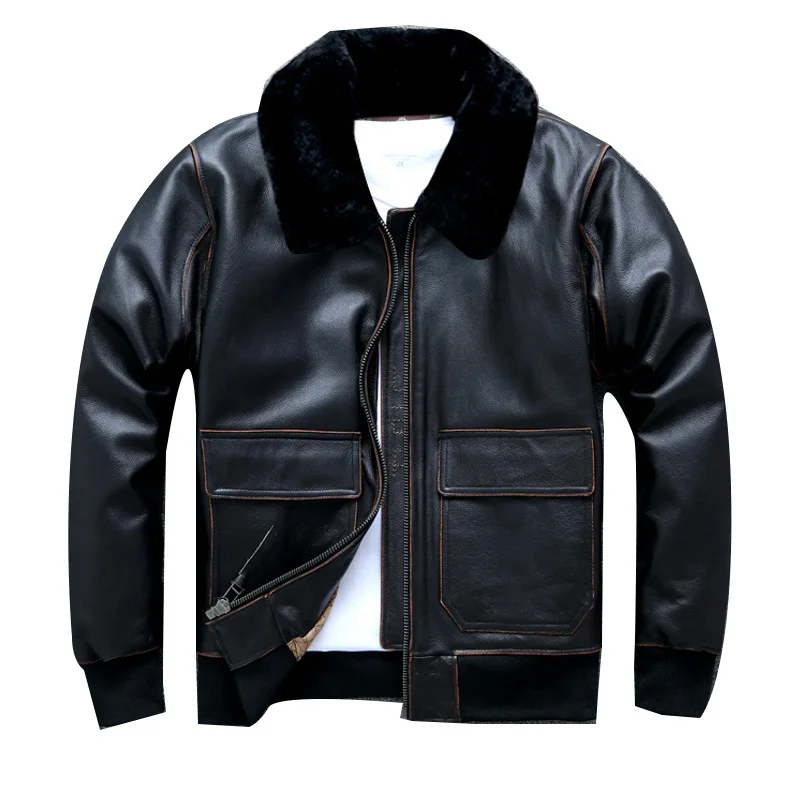 

2020 Vintage Black Men USAF A2 Pilot Leather Jacket Plus Size XXXXL Wool Collar Genuine Cowhide Autumn Military Aviator Coat
