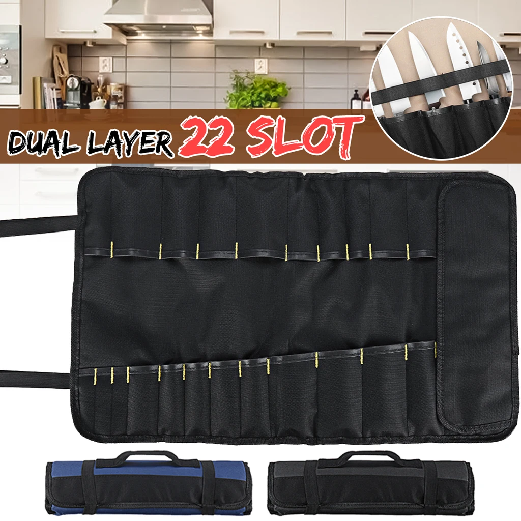 Black Chefs Knife Roll Bag, Oxford Cloth Cutlery Knives Holder Protector Kitchen Cooking Tools Wallet